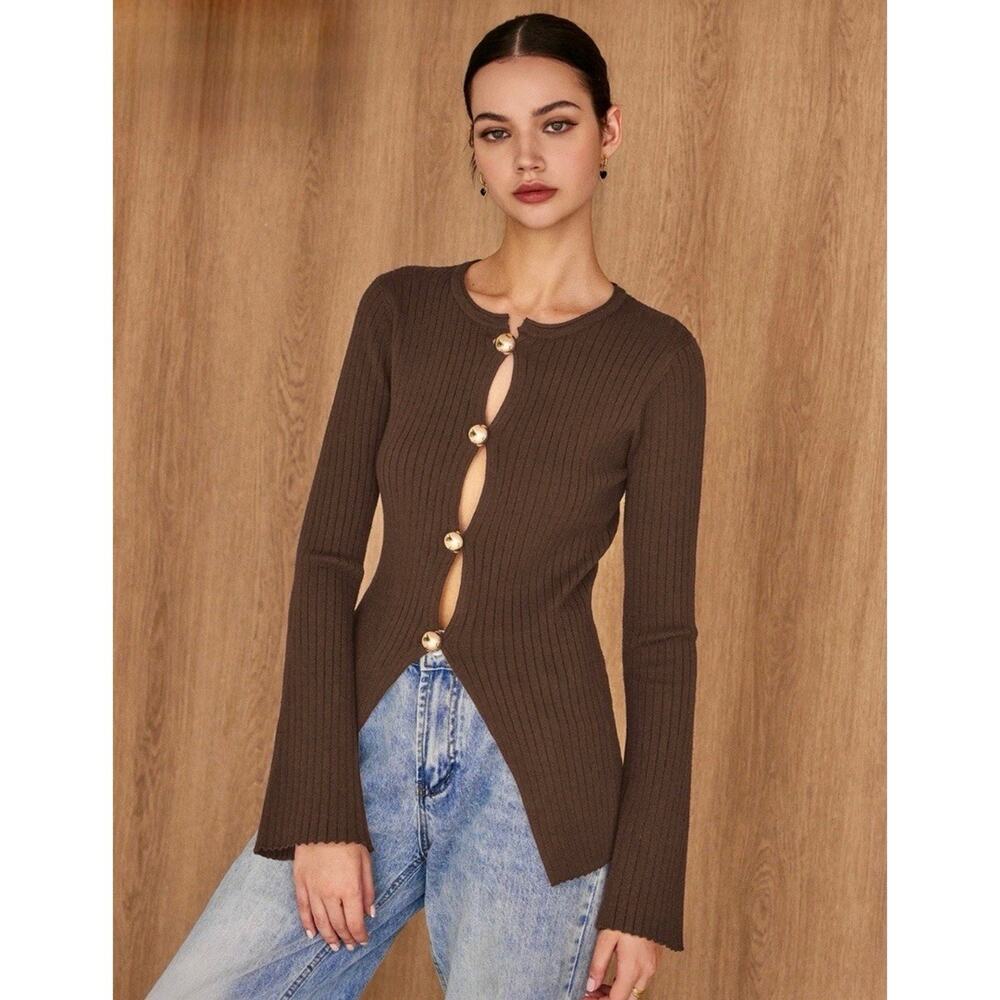 Commense Golden Button Split Knit Top Large Brown Rib Sweater Flare Sleeve NWT